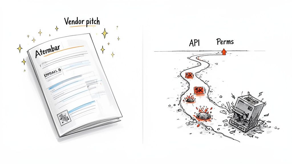 Vendor pitch document contrasted with a challenging API and permissions path with obstacles and a broken server.