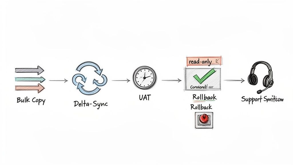 Diagram illustrating a data migration workflow from bulk copy to support, with UAT and rollback options.