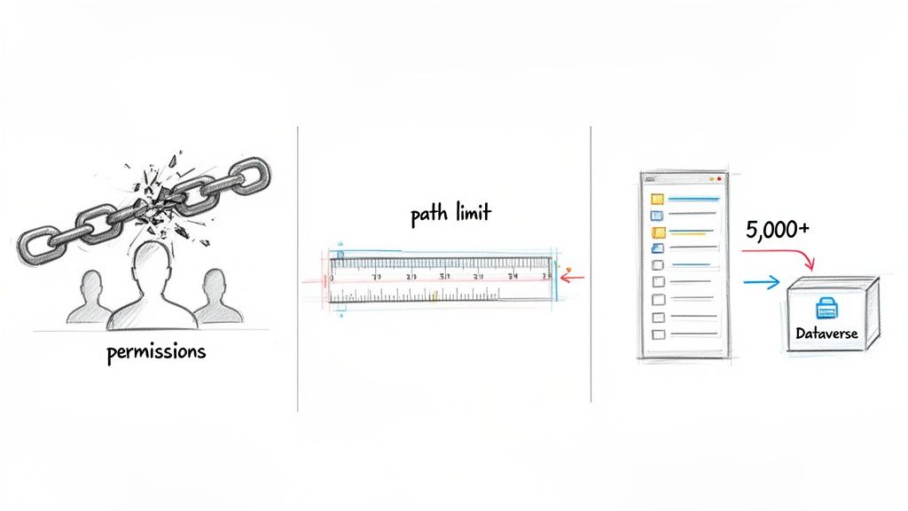 Illustration of three common migration challenges: broken permissions chain, path limit on a ruler, and over 5,000 items moving to Dataverse.