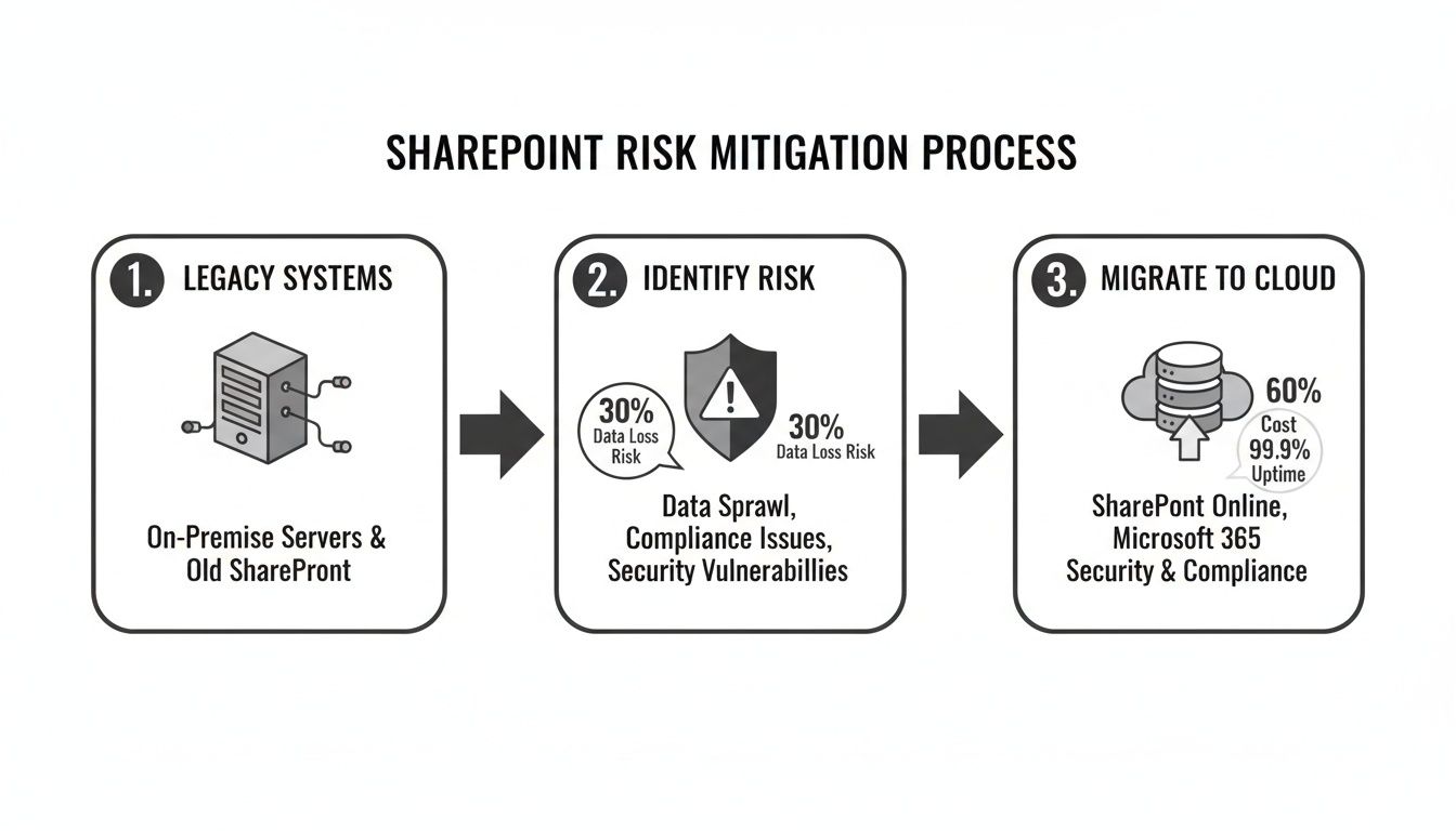 Three-step SharePoint risk mitigation process: legacy systems, risk identification, and cloud migration.