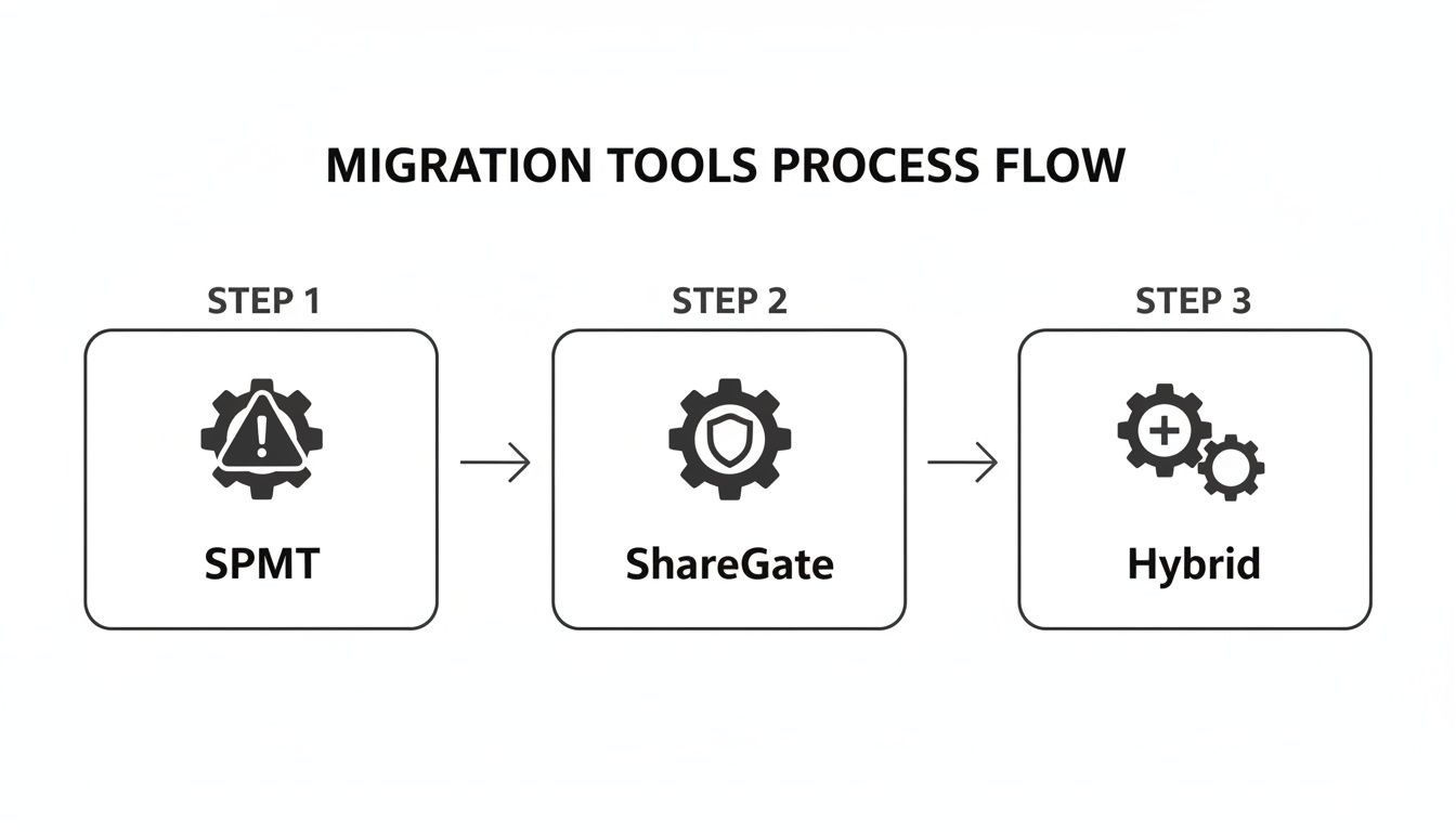 Process flow diagram showing three steps for migration tools: SPMT, ShareGate, and Hybrid.