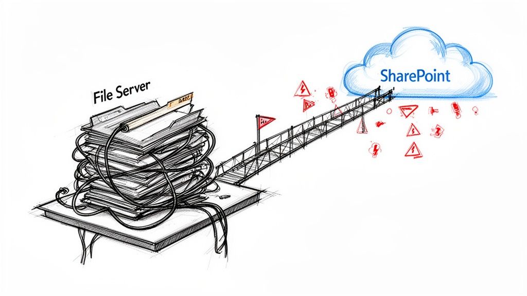 Illustration showing migration from a messy file server to SharePoint cloud, highlighting potential challenges.