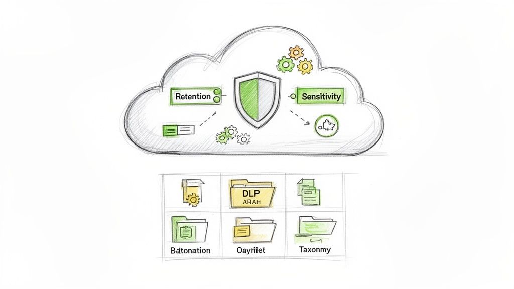 A sketch illustrating cloud data management with security shield, retention, sensitivity, and document classification folders.