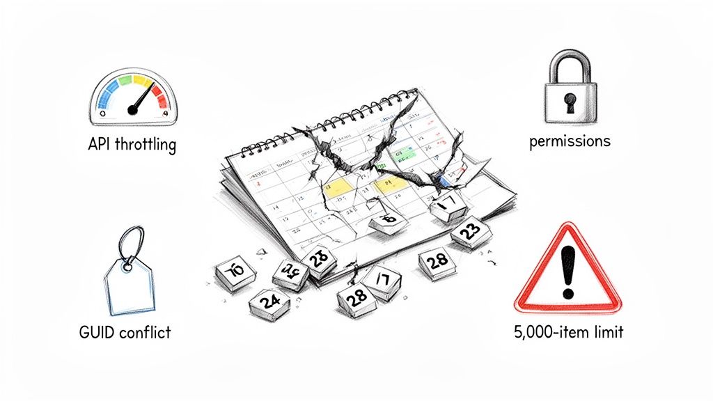 Illustrative sketch showing common technical issues like API throttling, permissions, GUID conflict, and item limits disrupting a calendar timeline.