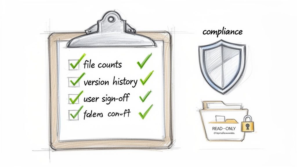 Compliance checklist for file management, version control, and user sign-off, next to a locked read-only folder.