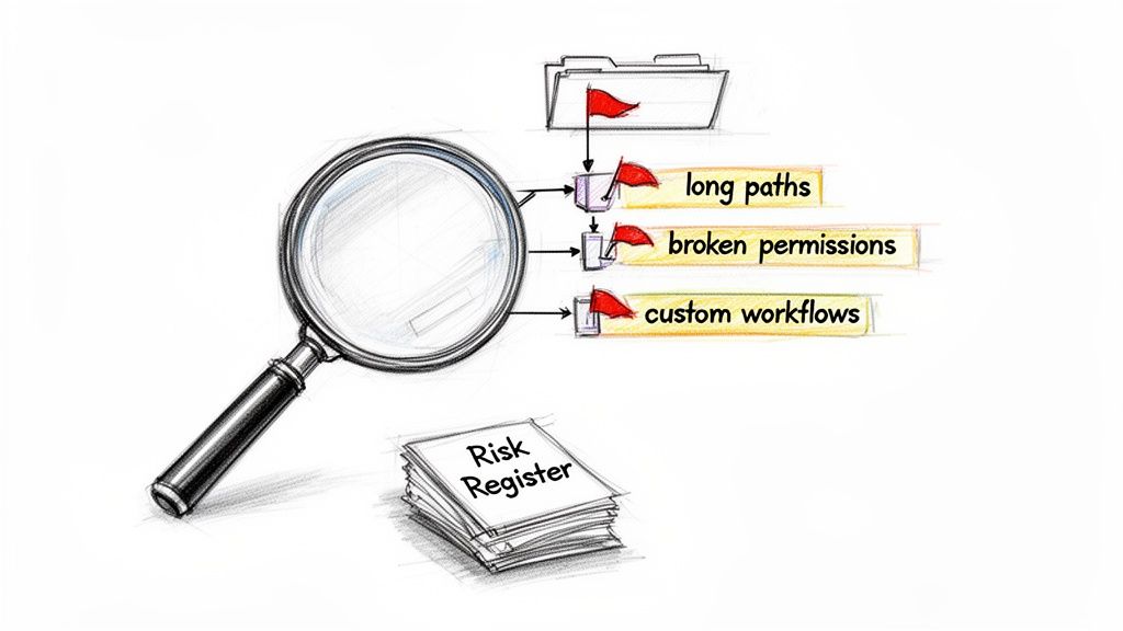 Magnifying glass inspecting a folder, revealing risks: long paths, broken permissions, custom workflows, for a risk register.