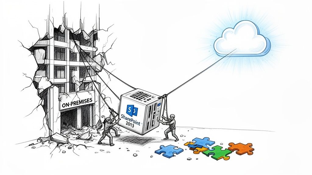 Workers migrating SharePoint 2013 server from a crumbling on-premises building to the cloud.
