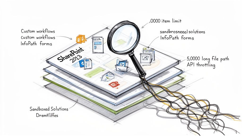 A detailed diagram illustrating SharePoint 2013 with various features, limitations, and associated concepts.