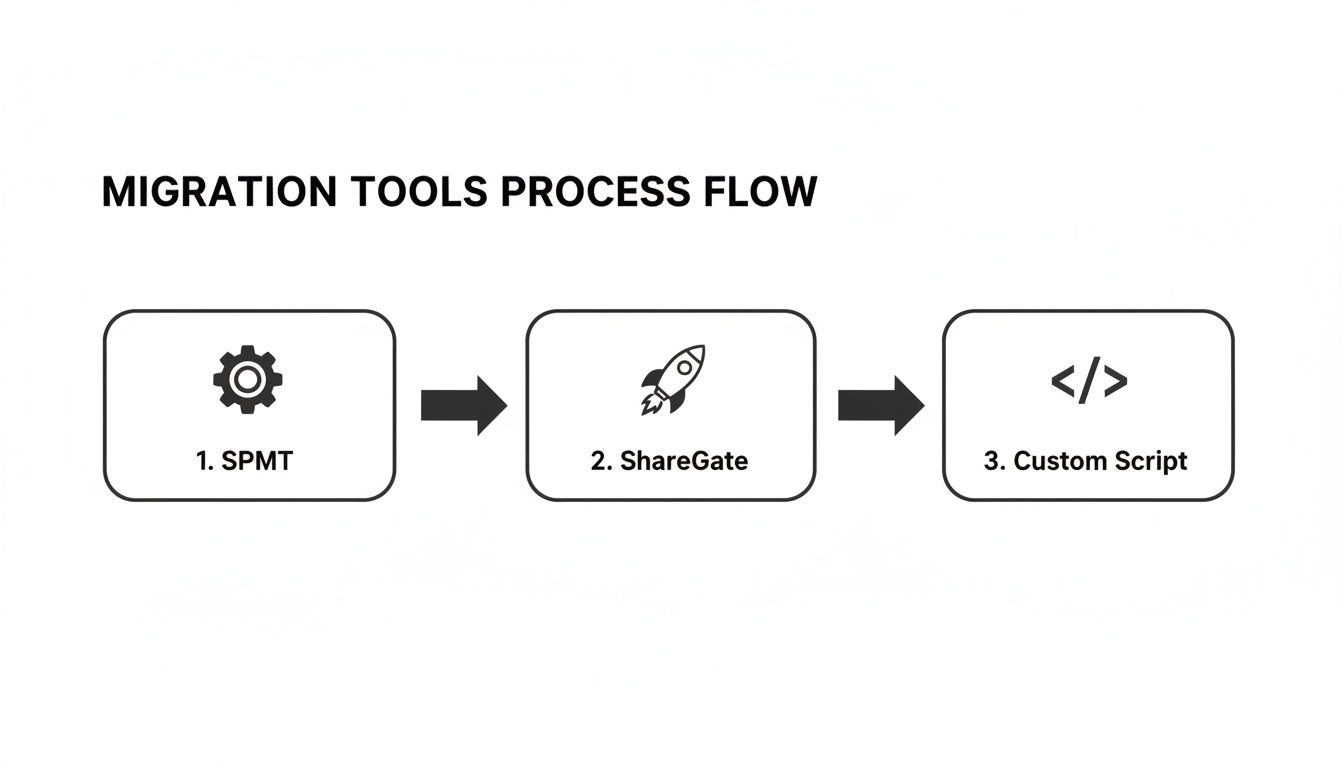 A process flow diagram showing three migration tools: SPMT, ShareGate, and Custom Script.