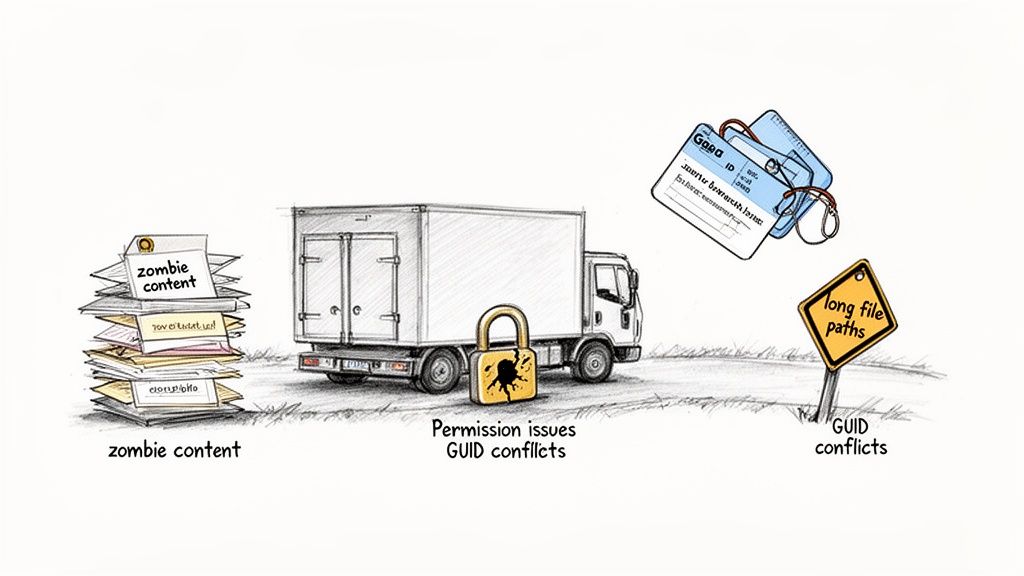 Illustration of a truck surrounded by migration problems like zombie content, permission issues, GUID conflicts, and long file paths.