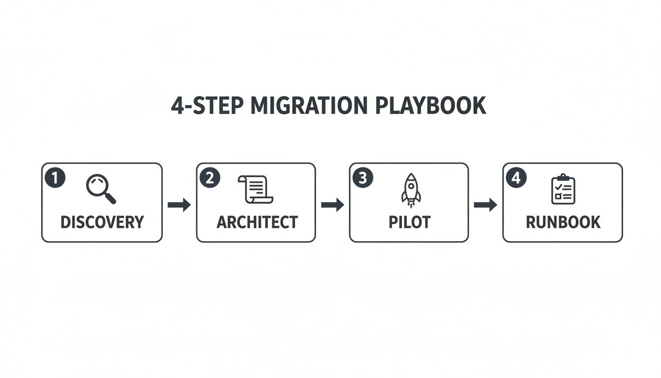 A 4-step migration playbook outlining discovery, architect, pilot, and runbook stages with corresponding icons.