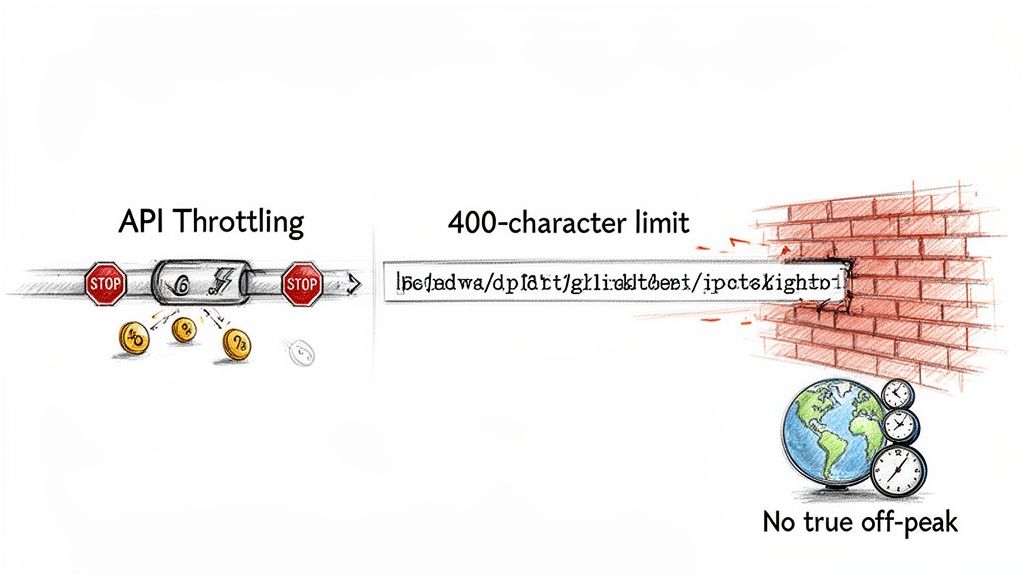 Illustration depicting API throttling, a 400-character limit, and global clocks indicating no true off-peak.