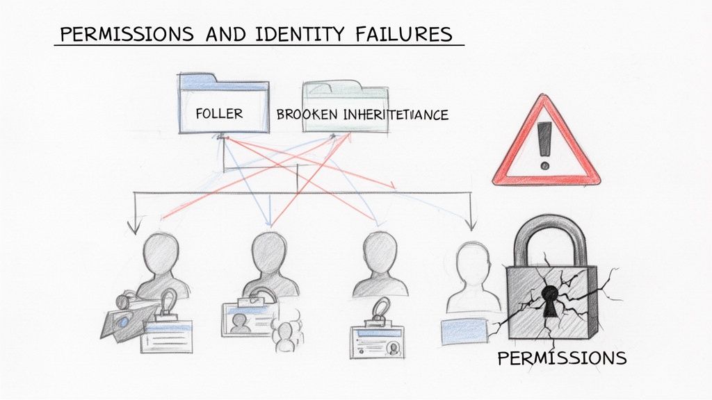 Hand-drawn diagram showing permissions and identity failures with folders, users, and a cracked padlock representing broken permissions.