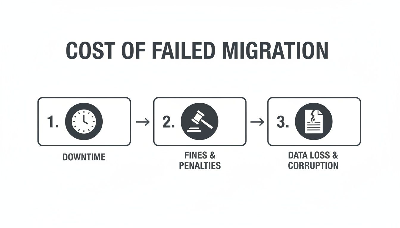 An infographic showing the cost of failed migration, detailing downtime, fines, penalties, data loss, and corruption.