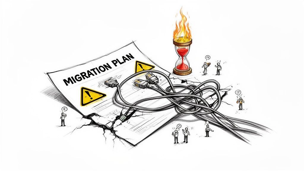 Illustration showing a migration plan riddled with cracks, tangled cables, a burning hourglass, and perplexed people, signifying migration issues.
