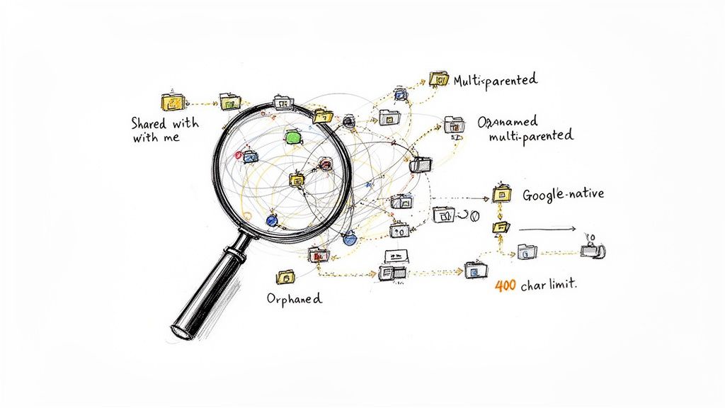 A diagram illustrates complex file structures and relationships like shared, multi-parented, and orphaned files through a magnifying glass.