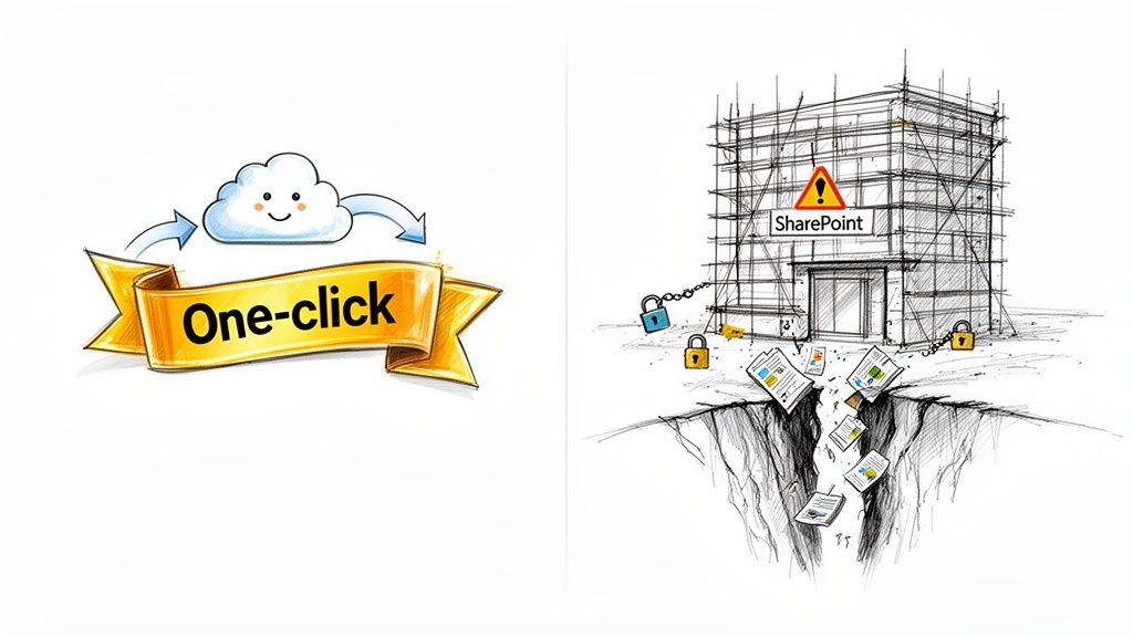 Illustration contrasting easy cloud sync with problematic SharePoint data migration and loss.