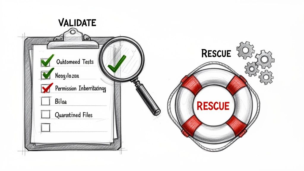 A clipboard checklist with checkmarks and a red X for validation, alongside a lifebuoy and gears symbolizing rescue.