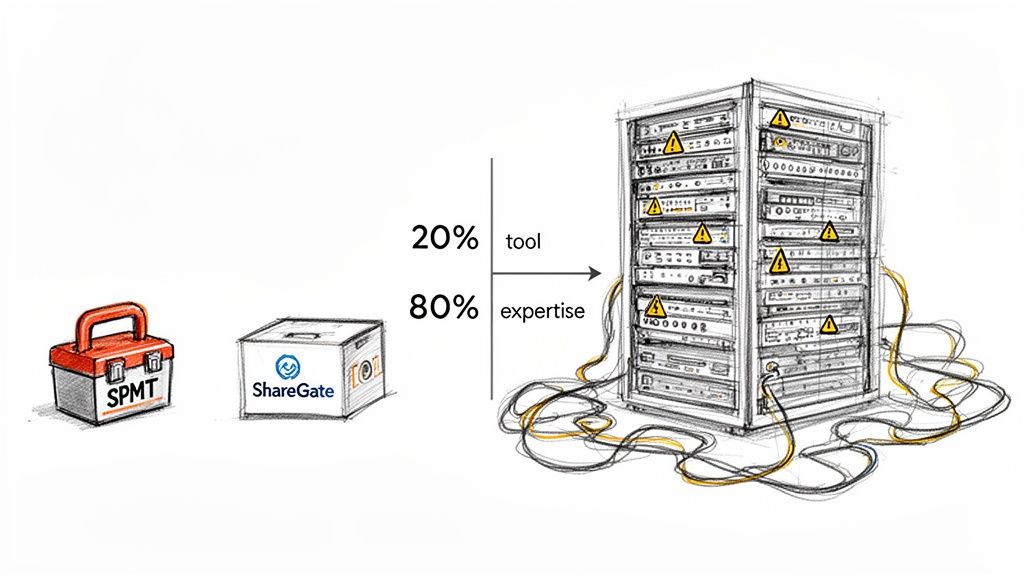 Illustration of SPMT and ShareGate tools with expertise for managing complex, error-prone server systems.