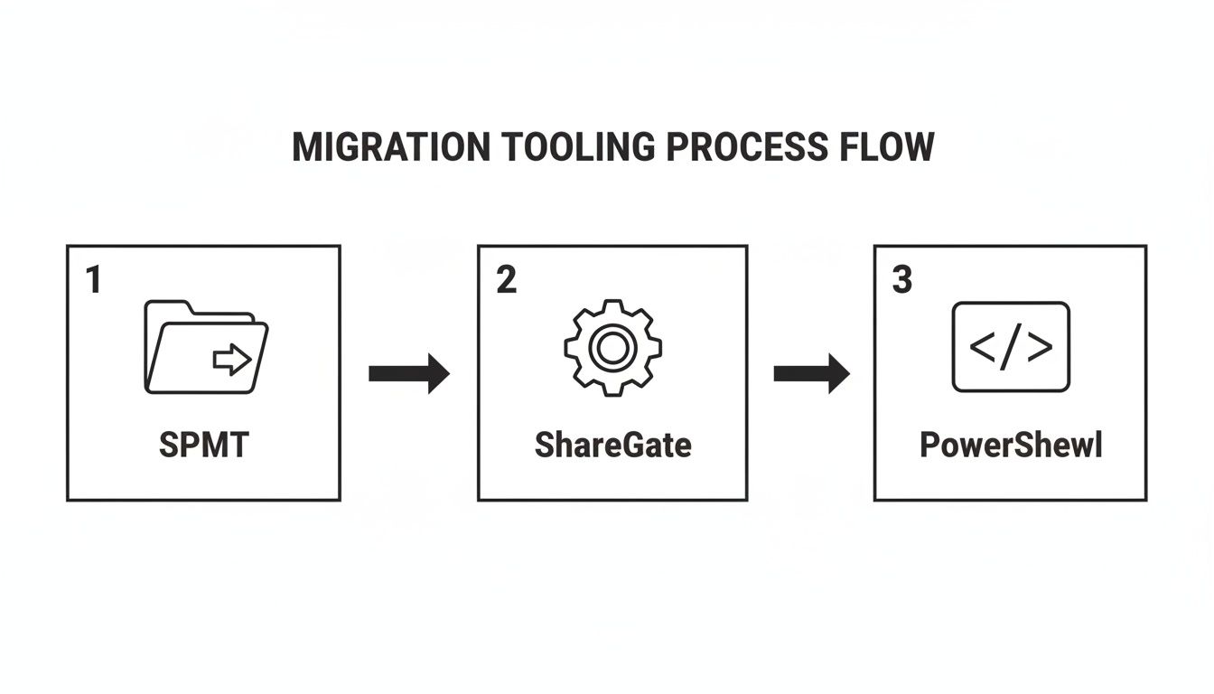 Process flow diagram detailing migration tools: SPMT, ShareGate, and PowerShewl in sequence.