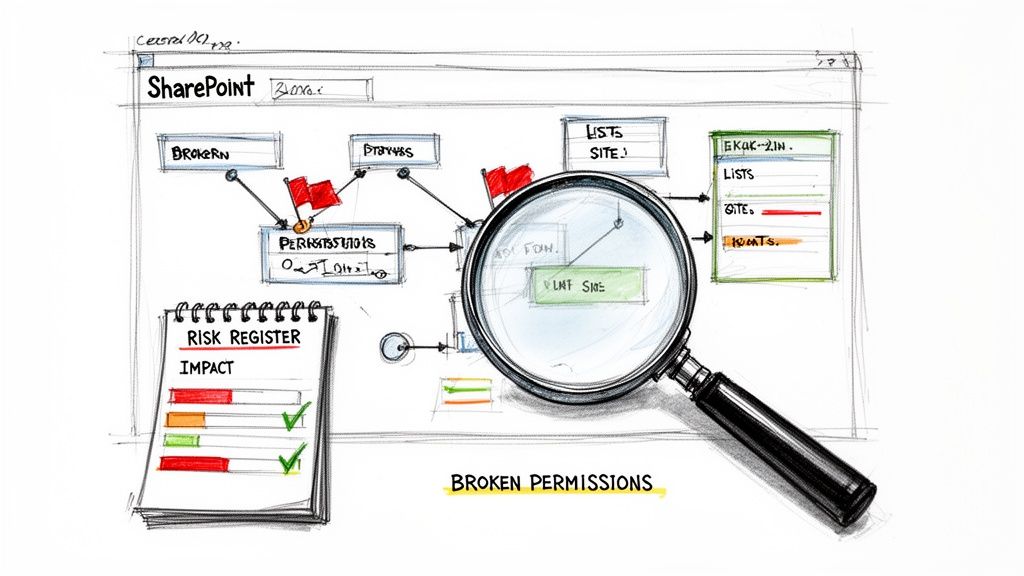 A sketch illustrating broken SharePoint permissions, risk management, and site migration issues with flags and a magnifying glass.