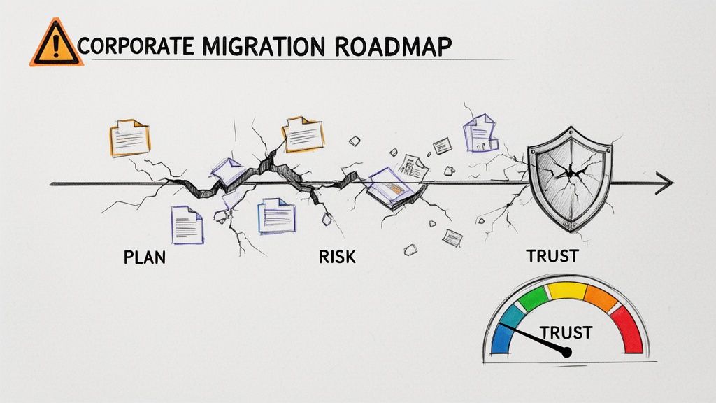 A corporate migration roadmap visualizes planning, risks with falling documents, and low trust indicated by a cracked shield and meter.