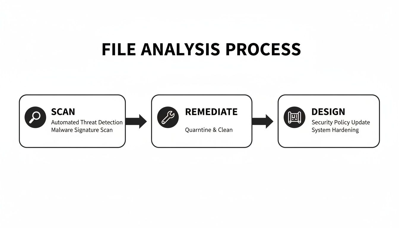 Flowchart illustrating a file analysis process, detailing steps for scan, remediate, and design.