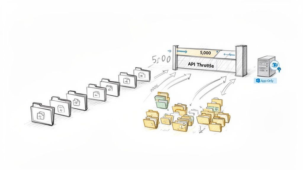 Diagram illustrating data folders passing through an API throttle limit of 5,000 to an app-only server.