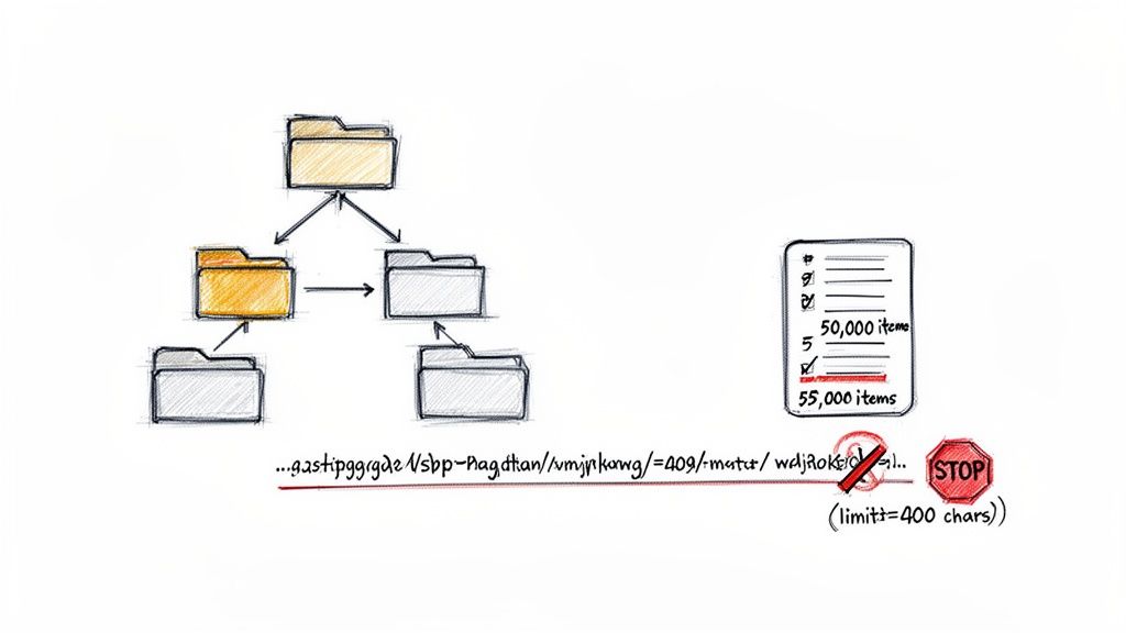 Diagram illustrating migration failures, including path length and item count limitations, leading to a stop.