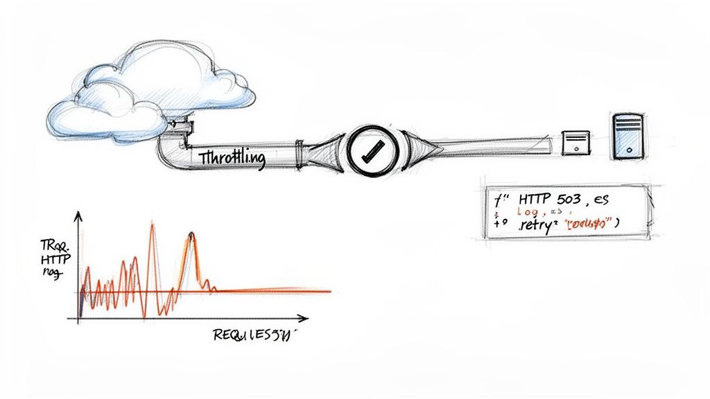 Conceptual diagram of network throttling from cloud to servers, with a graph of HTTP requests and a 503 error message.