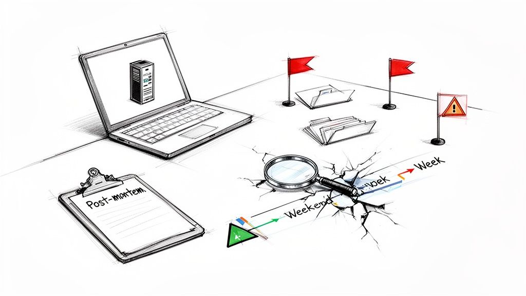 An illustration of IT incident post-mortem analysis, showing a server, magnifying glass, clipboard, flags, and a timeline.