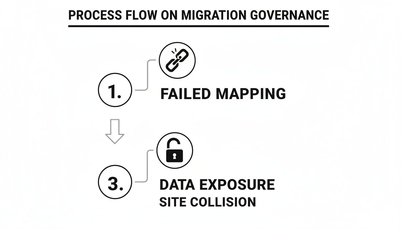 A process flow diagram detailing migration governance issues, including failed mapping and data exposure risks.