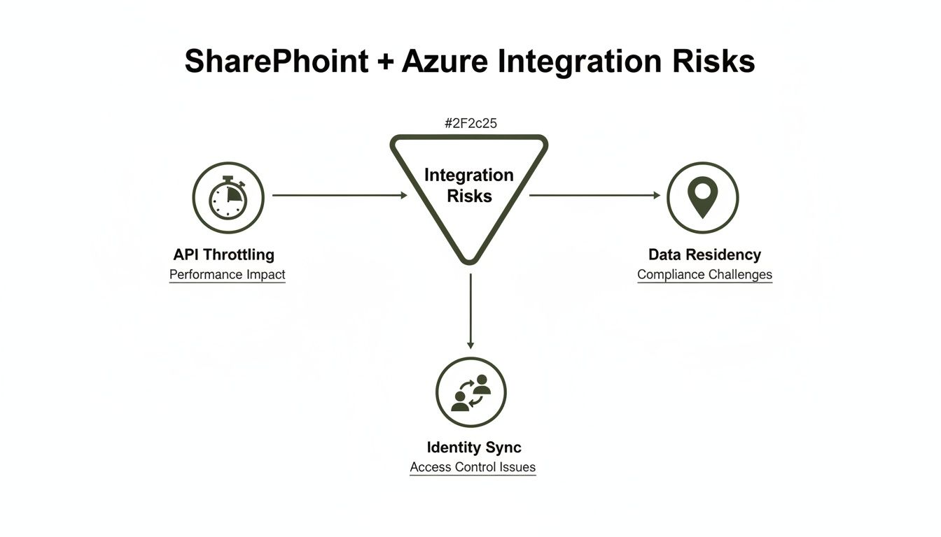 A diagram illustrating SharePoint and Azure integration risks, including API throttling, data residency, and identity sync.