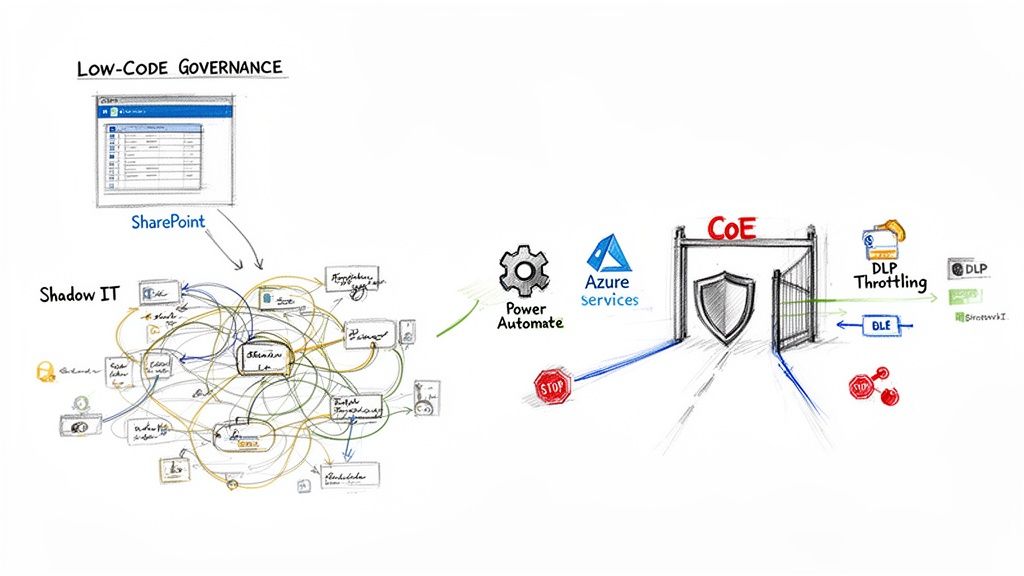Diagram showing low-code governance comparing chaotic Shadow IT with a structured Center of Excellence using Power Automate and Azure services.