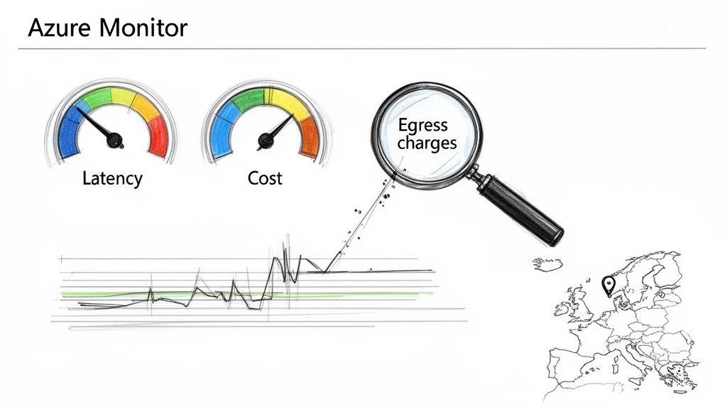 An Azure Monitor dashboard displaying latency and cost gauges, egress charges, a graph, and a map of Europe.