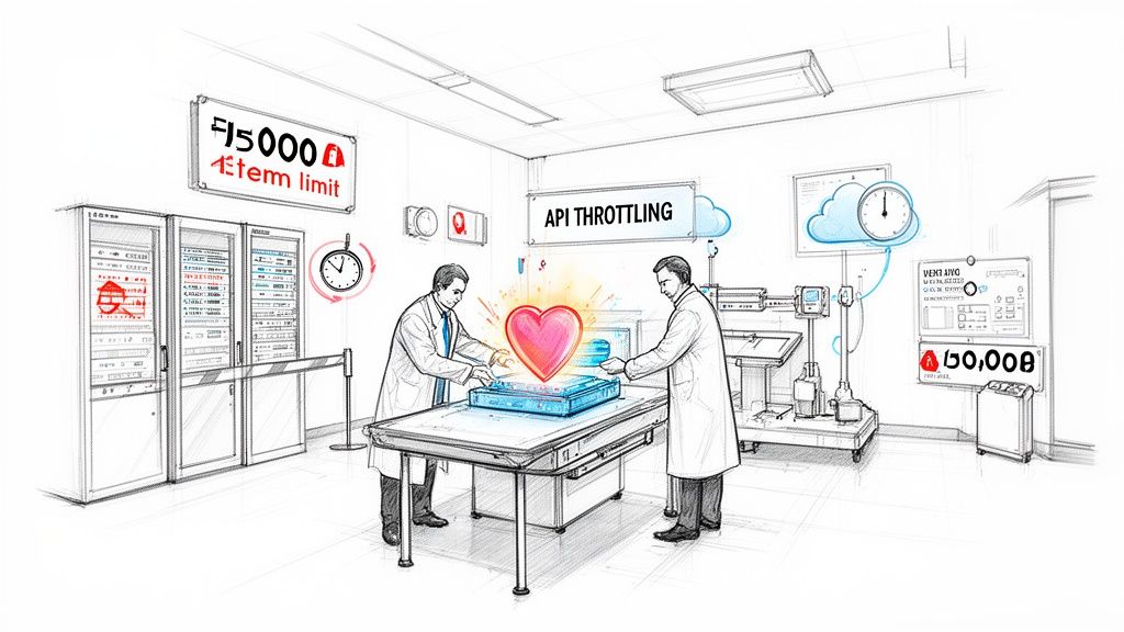 Two scientists manage a glowing heart amid signs of API throttling and data limits.