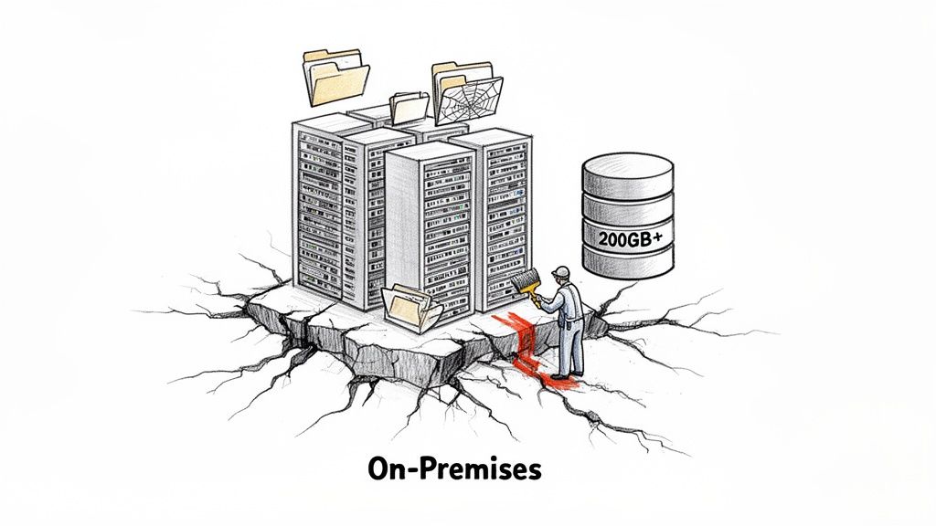 Illustration showing on-premises data center servers on cracked ground, with a person doing maintenance, representing challenges.