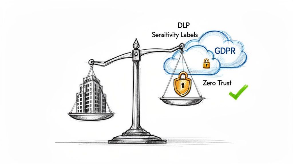 Balance scale comparing a building with cloud security concepts: GDPR, DLP, Zero Trust, with a padlock.