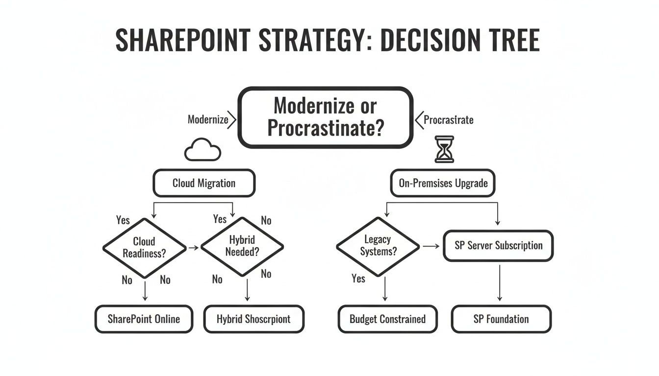 SharePoint strategy decision tree flowchart guiding choices between cloud migration and on-premises upgrade options.