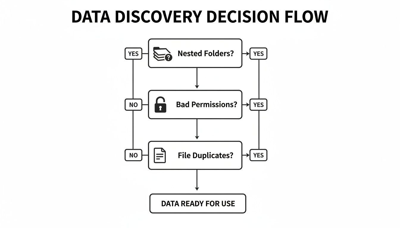 Flowchart detailing the data discovery decision process, checking for nested folders, bad permissions, and file duplicates.