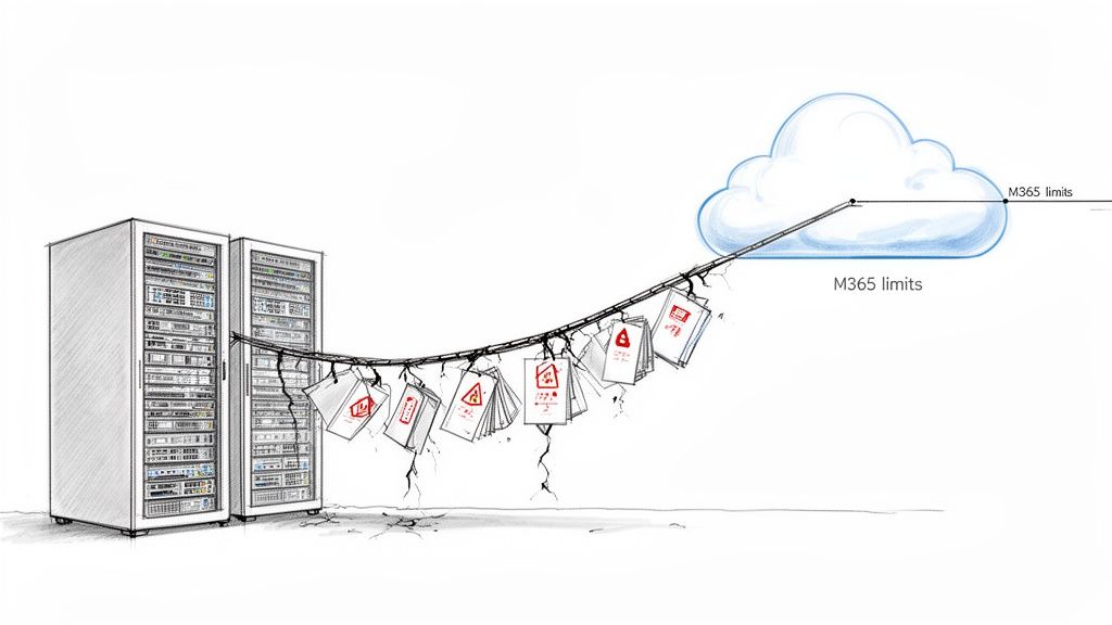 On-premise servers struggling to migrate data to the cloud, encountering M365 limits and issues.