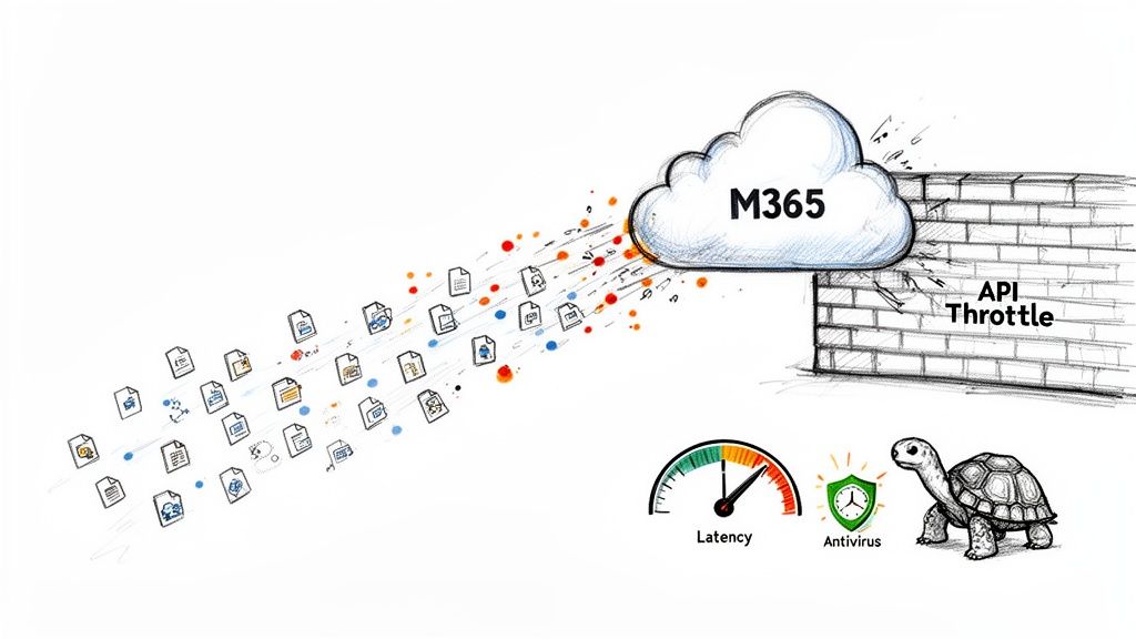 Illustration of M365 cloud facing API throttling, high latency, and slow antivirus, impacting data migration.