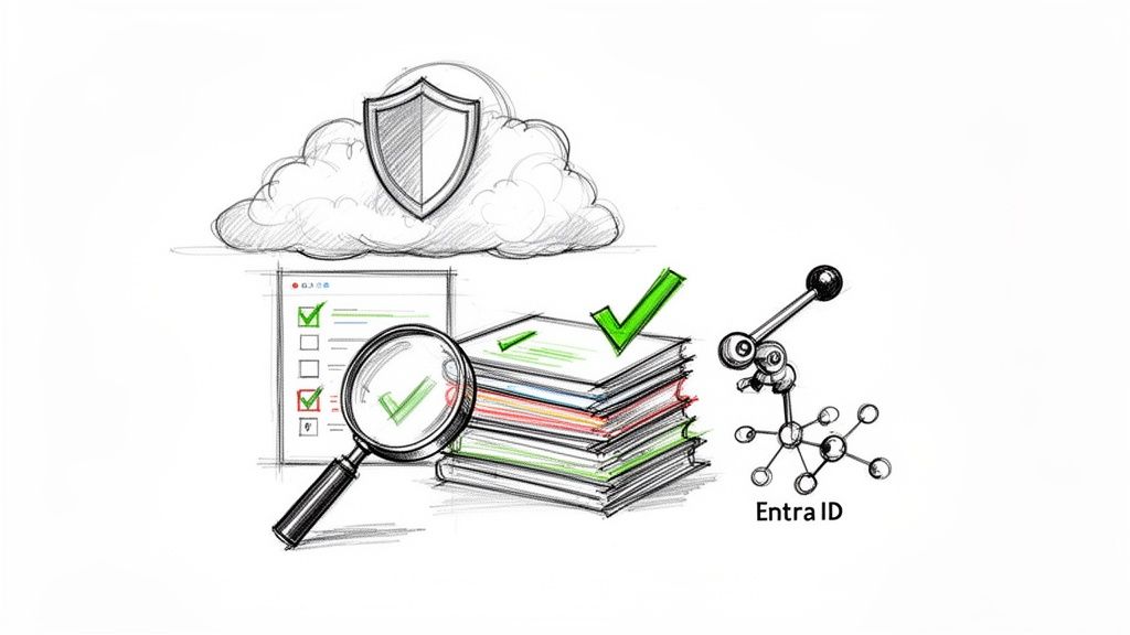 Sketch illustrating secure cloud file storage, document verification, and Entra ID for identity management.