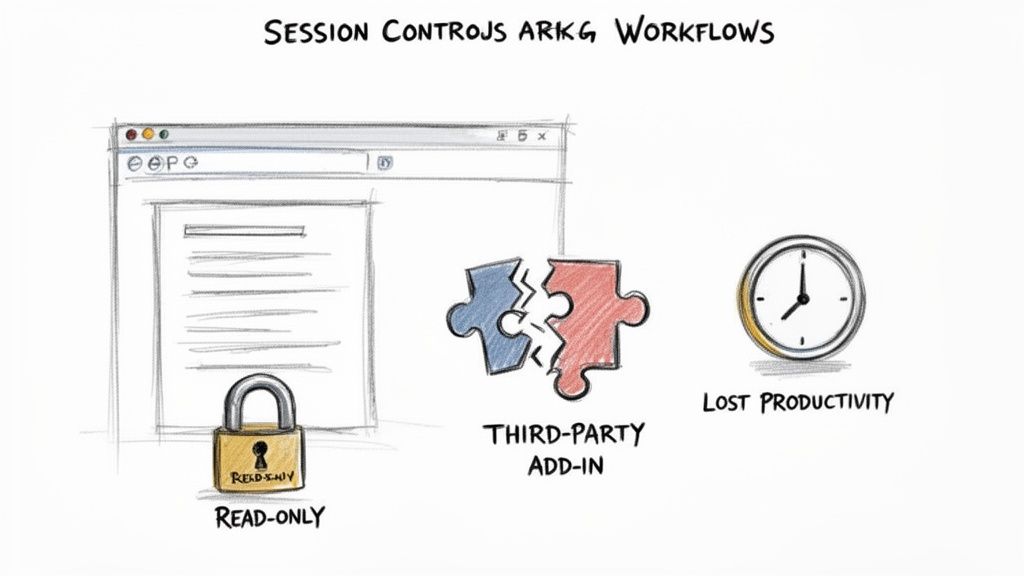 An illustration showing a browser window with a read-only lock, broken third-party add-in puzzle pieces, and a clock symbolizing lost productivity.