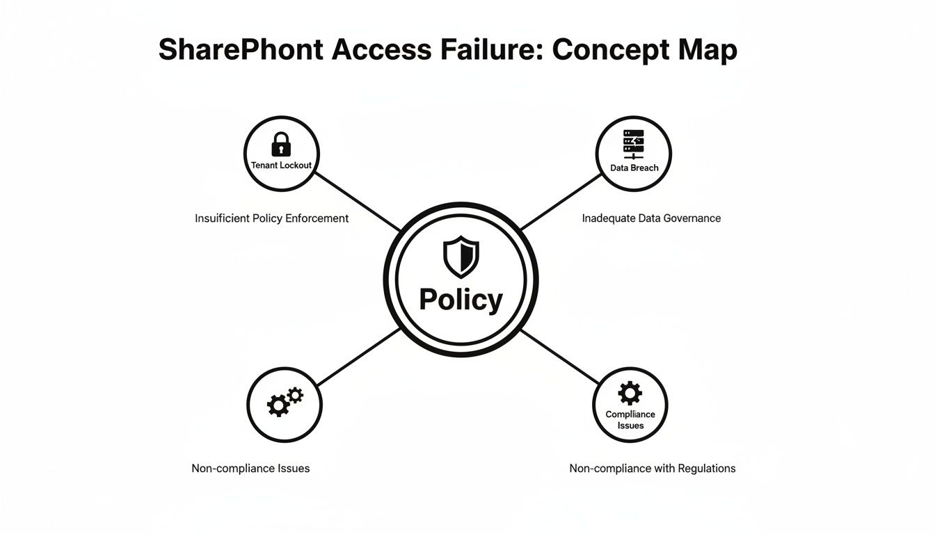A concept map showing SharePhont access failure, linking policy to tenant lockout, data breach, and compliance issues.