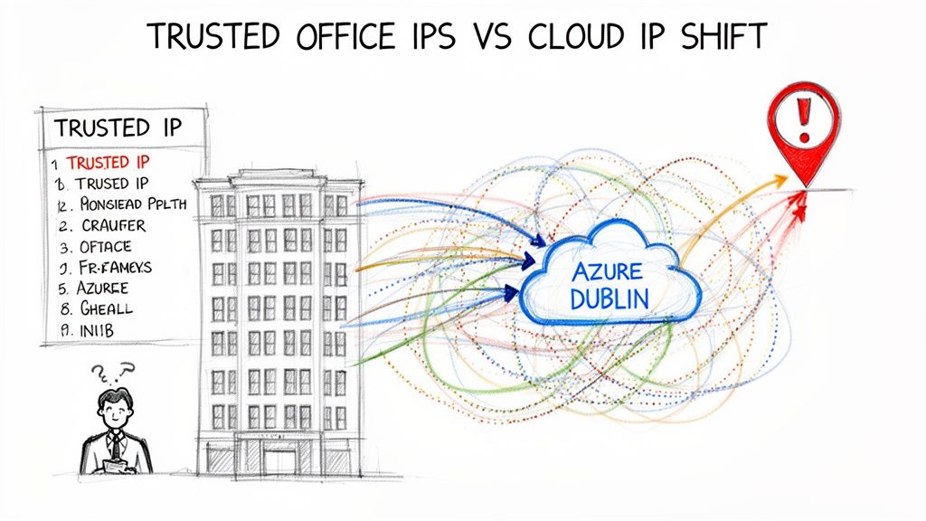 Diagram illustrating the shift from trusted office IPs in a building to Azure cloud, ending at a warning.