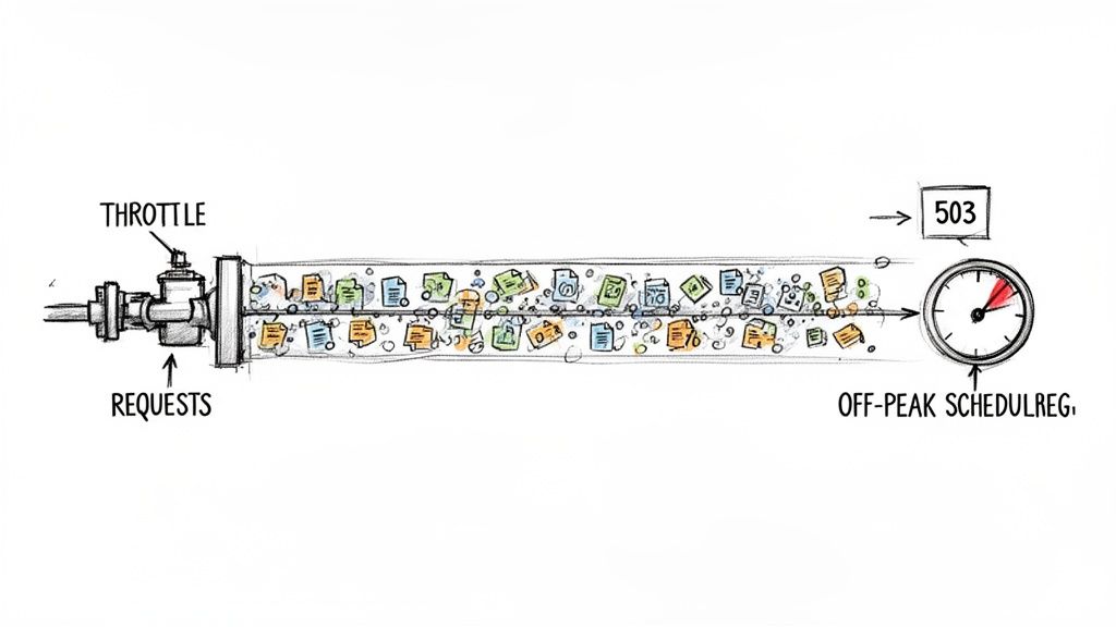 Diagram illustrating requests being throttled, flowing through a pipe, and off-peak scheduled to avoid 503 errors.