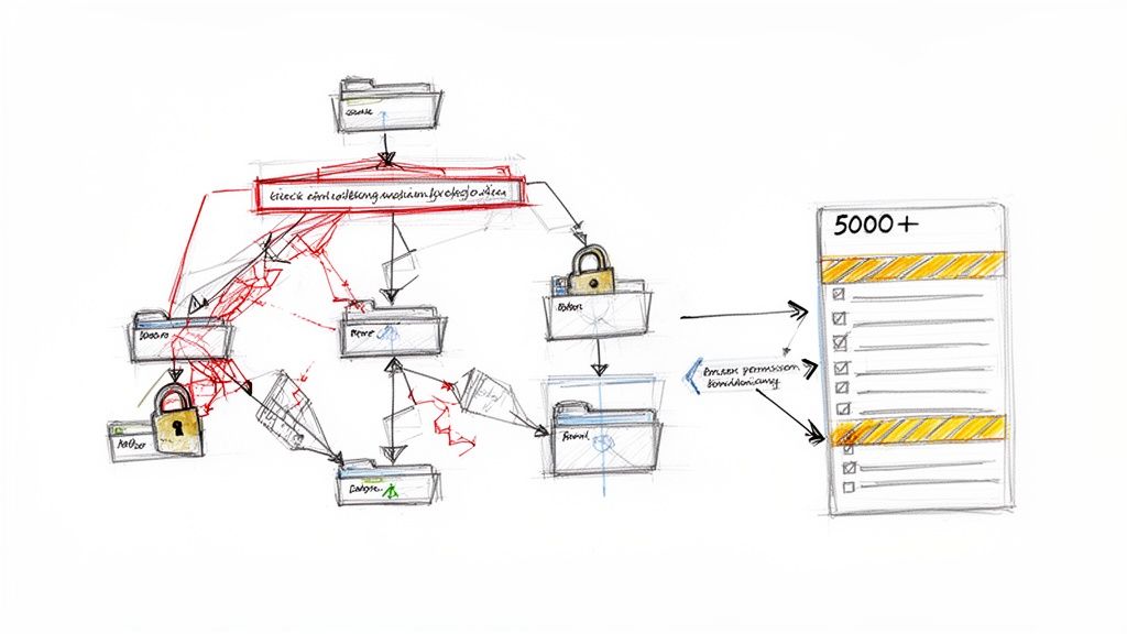 Hand-drawn diagram showing a data migration flow with folders, security locks, and a checklist.