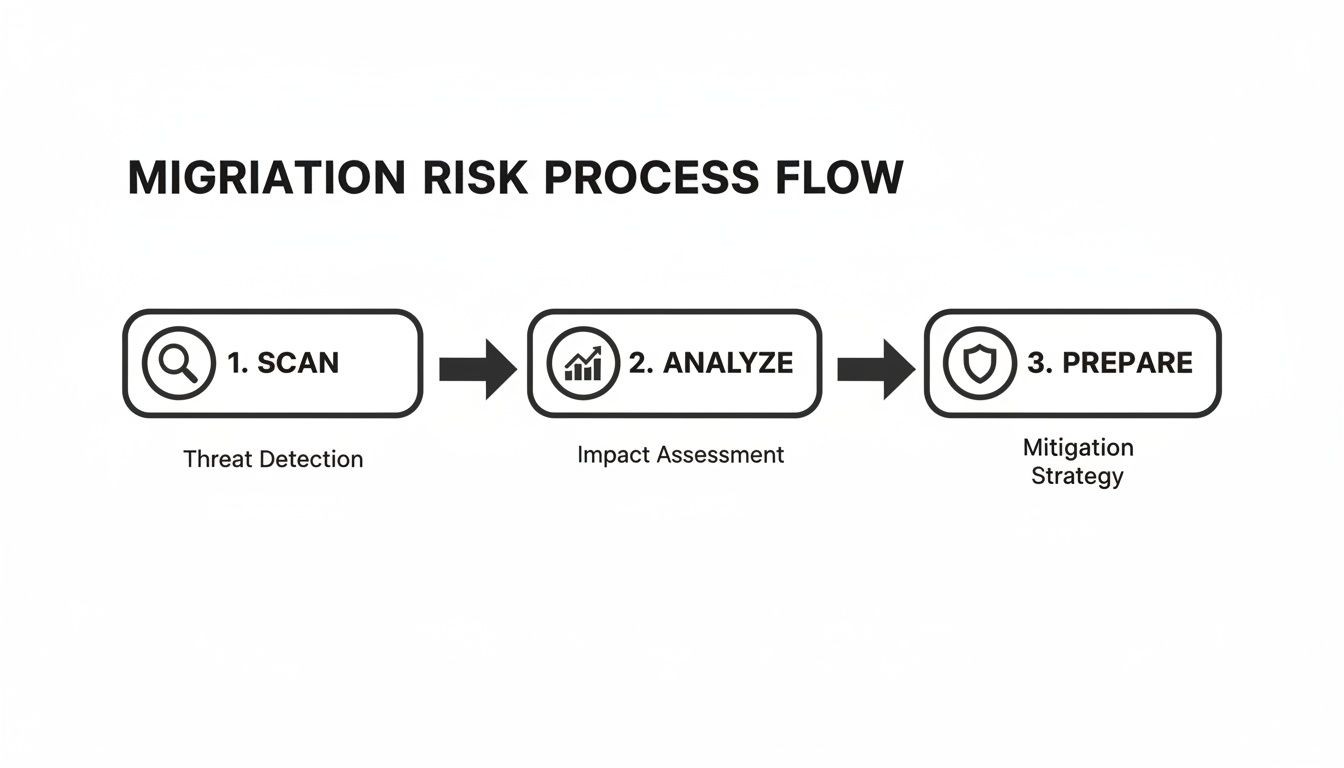 A flowchart outlining the migration risk process flow: scan (threat detection), analyze (impact assessment), and prepare (mitigation strategy).