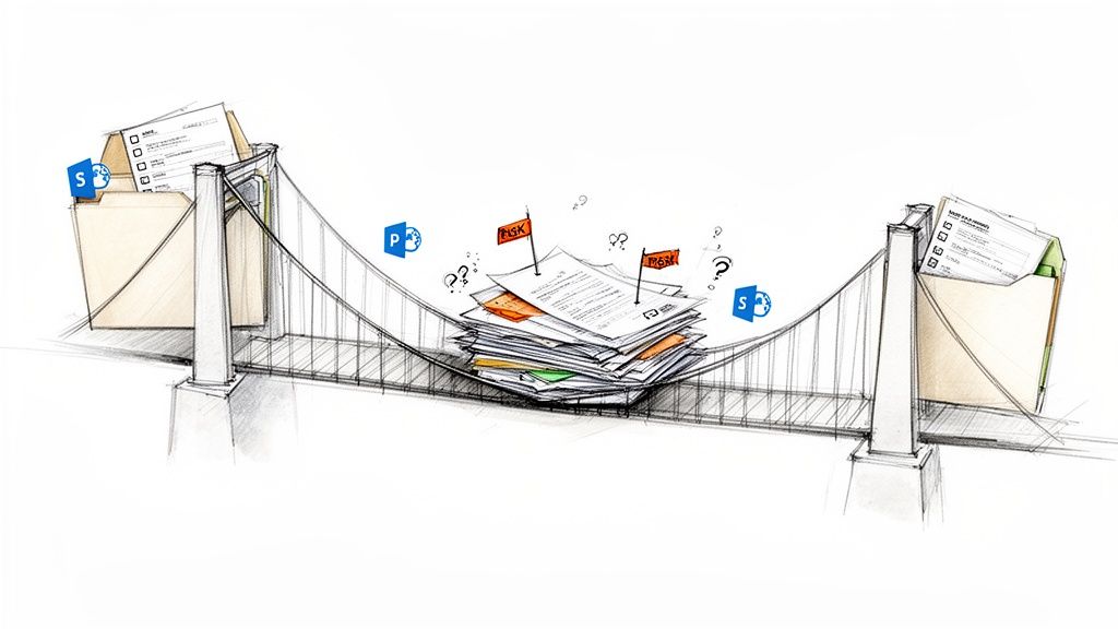 Sketch of a bridge sagging under a heavy stack of documents, symbolizing migration challenges with SharePoint and risks.
